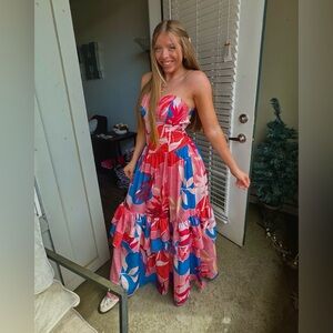 Strapless Floral Maxi Dress in Pink & Blue